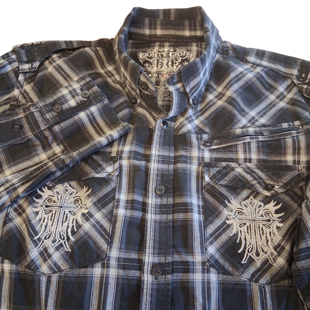 Y2K Eighty-Eight Mens Black Plaid LS Embroidered Crosses Button Up Shirt XL EUC
